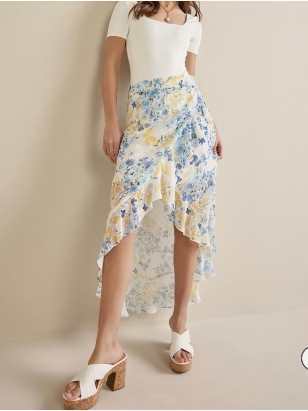 Francesca’s Elise Floral Wrap High-Low Skirt in Large